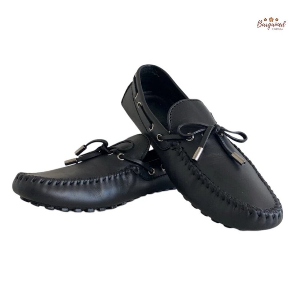 Authentic Louis Vuitton Black Leather Bow Slip On Loafers Shoes Size 37.5/7.5